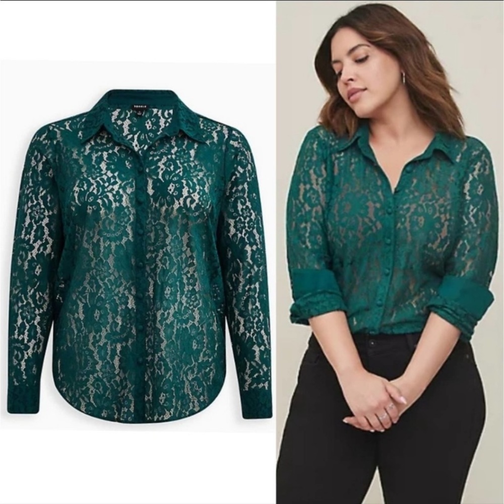 Torrid Green Lace Button Down Shirt